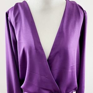 Deep purple wrap front satin bodysuit